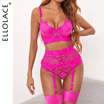 Ellolace Lingerie Seksikas rinnahoidja naiste aluspesu komplekt pitsist sidemega pesukomplekt Seksikas Push up Lenceria 3-osaline komplekt Erootiline pesu