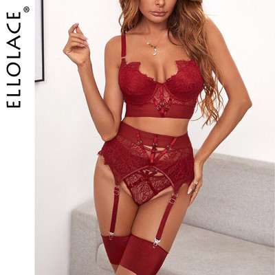 Ellolace Lingerie Seksikas rinnahoidja naiste aluspesu komplekt pitsist sidemega pesukomplekt Seksikas Push up Lenceria 3-osaline komplekt Erootiline pesu