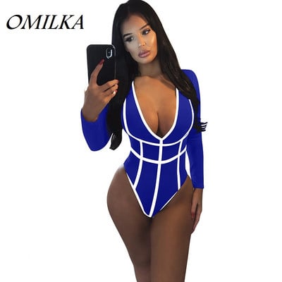 OMILKA 2018 őszi téli női hosszú ujjú, mély V nyakú patchwork alap bodyk Szexi fekete piros kék kölyök egyrészes jumpsuit