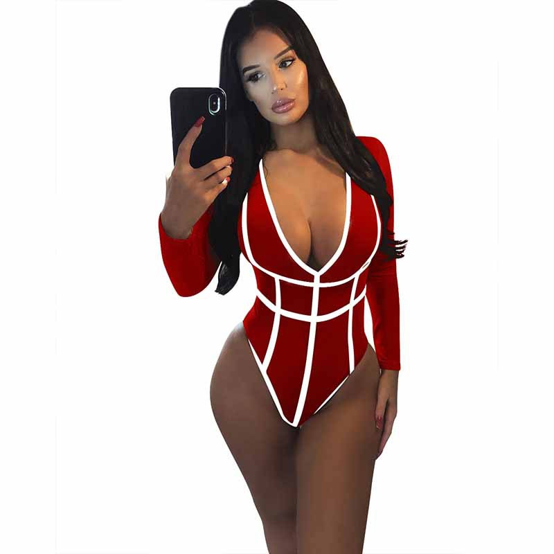 OMILKA 2018 Toamna Iarna Femei Maneca lunga Decolteu in V Adanc Patchwork Body de bază Sexy Negru Roșu Albastru Cub Salopetă dintr-o bucată