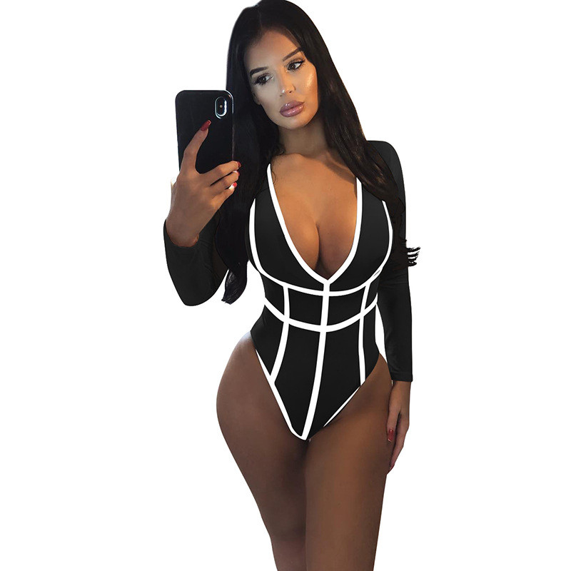 OMILKA 2018 Toamna Iarna Femei Maneca lunga Decolteu in V Adanc Patchwork Body de bază Sexy Negru Roșu Albastru Cub Salopetă dintr-o bucată