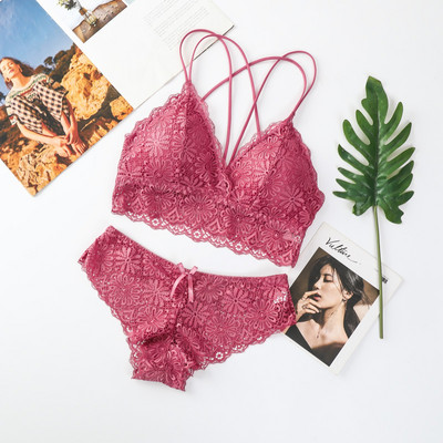 Set de sutien din dantelă pentru femei Set sutien și chiloți în V adânc din dantelă Lenjerie de corp fără cusături Broderie Intimate Set de lenjerie sexy pentru femei
