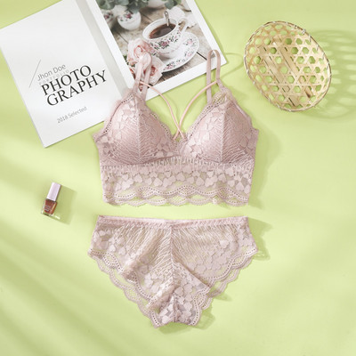 Set de sutien din dantelă pentru femei Set sutien și chiloți în V adânc din dantelă Lenjerie de corp fără cusături Broderie Intimate Set de lenjerie sexy pentru femei