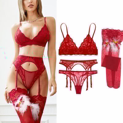 Varmiss 4 τμχ/σετ Γυναικείο σετ δαντέλας μόδας Σέξι εσώρουχα Wireless Deep V Σουτιέν Εσώρουχα Σέξι σουτιέν G-string Σετ καλτσοδέτα και κάλτσες