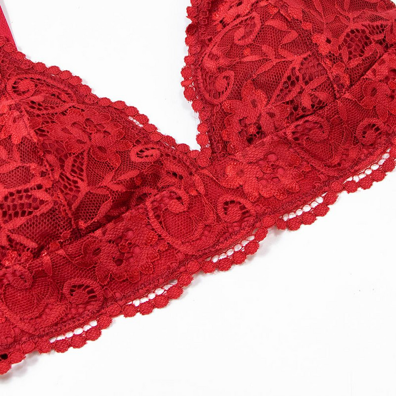 Varmiss 4 τμχ/σετ Γυναικείο σετ δαντέλας μόδας Σέξι εσώρουχα Wireless Deep V Σουτιέν Εσώρουχα Σέξι σουτιέν G-string Σετ καλτσοδέτα και κάλτσες