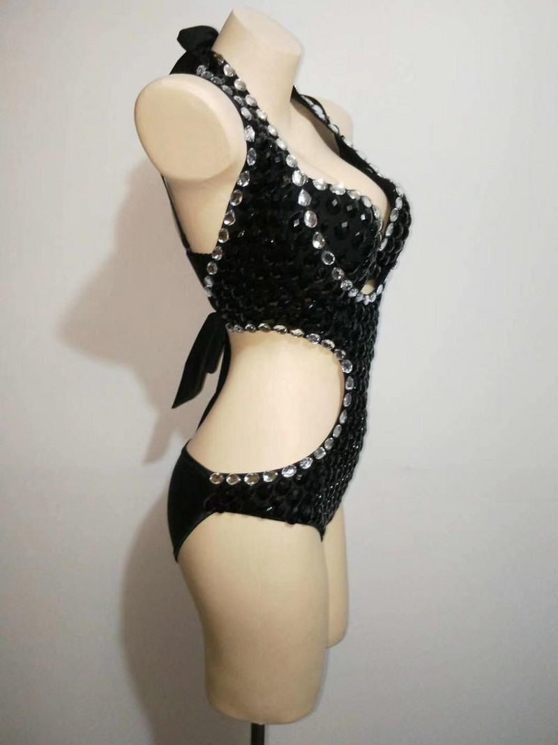 Body sexy cu strasuri negru argintiu, fără spate, bar, dans pentru femei, bal de absolvire, ținută de sărbătoare pentru femei, cântăreață, body pentru scenă de seară