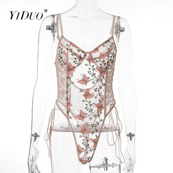 YiDuo Women Grey Pink Floral Embroidery Bodysuit Ladies See Through Bandage Sexy Mesh Bodysuits Club Body Rompers Гащеризон