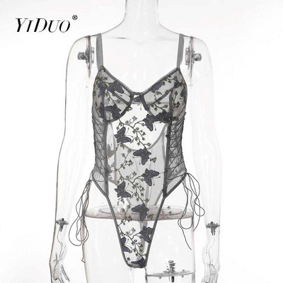 YiDuo Body pentru femei, gri, roz, cu broderie florală, pentru femei, cu bandaj transparent, body sexy din plasă, salopete de club, salopete
