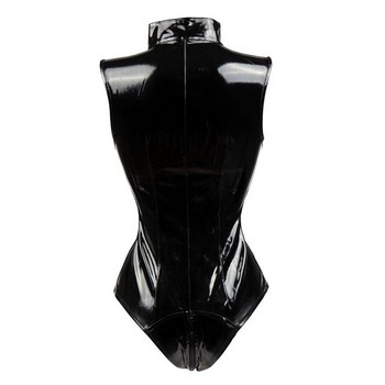 Модно дамско латексово боди, черно боди от изкуствена кожа, отворено без хълбоци Wet-Look PVC моден гащеризон, къс секси черен