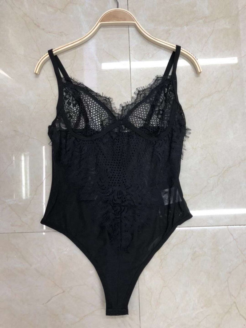 Body negru de modă pentru femei, îmbinare din dantelă, sexy, cu decolteu în V, fără mâneci, costum de baie de vară, cu bandaj