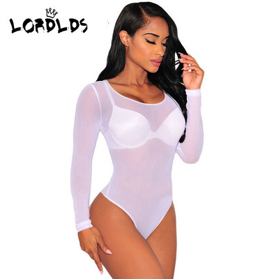 LORLDDS Body alb din plasă pentru femei Salopete cu mâneci lungi 2020 Salopete pentru femei Body Pantaloni scurți