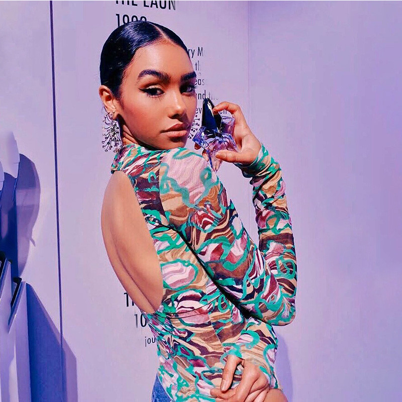 2020. Bodi s printom dugih rukava sa samostojećim ovratnikom, žensko proljeće ljeto, seksi uski bodi bez leđa, ženska ulična klupska odjeća