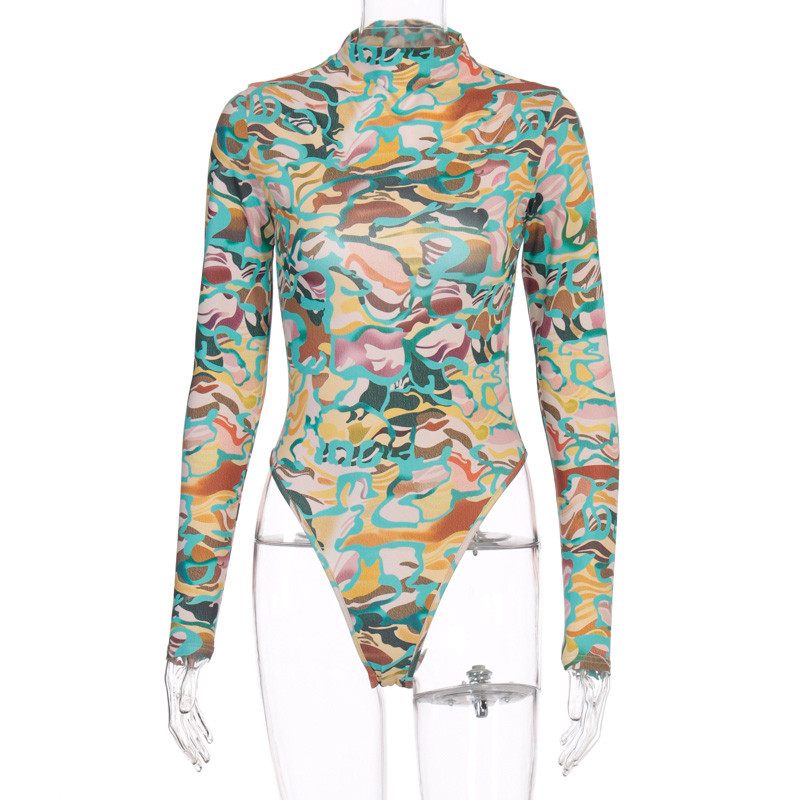 2020. Bodi s printom dugih rukava sa samostojećim ovratnikom, žensko proljeće ljeto, seksi uski bodi bez leđa, ženska ulična klupska odjeća