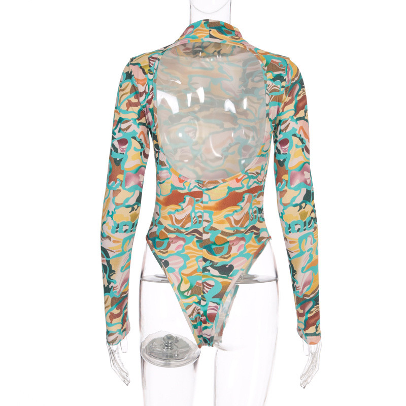 2020. Bodi s printom dugih rukava sa samostojećim ovratnikom, žensko proljeće ljeto, seksi uski bodi bez leđa, ženska ulična klupska odjeća