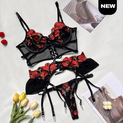 Ellolace Lenjerie erotică Bandaj sexy Sutien transparent Lenjerie de corp pentru sex Volane Jartiere Tanga fantezie 3 piese Fancy Intimate