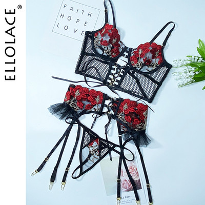 Ellolace Lenjerie erotică Bandaj sexy Sutien transparent Lenjerie de corp pentru sex Volane Jartiere Tanga fantezie 3 piese Fancy Intimate