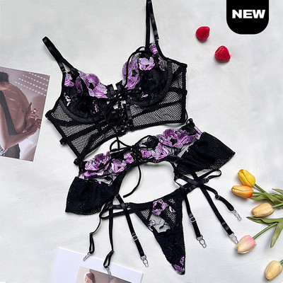 Ellolace Lenjerie erotică Bandaj sexy Sutien transparent Lenjerie de corp pentru sex Volane Jartiere Tanga fantezie 3 piese Fancy Intimate