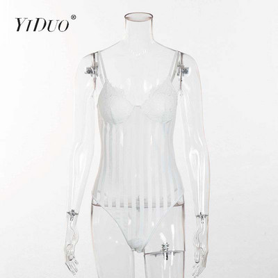 YiDuo Body sexy din dantelă din plasă croșetată cu curele spaghete pentru femei, body cu dungi transparente 2020, nou catsuit feminino