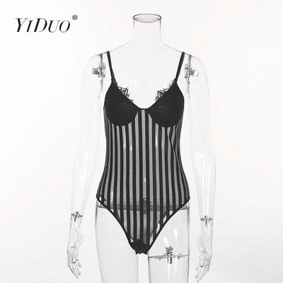 YiDuo Body sexy din dantelă din plasă croșetată cu curele spaghete pentru femei, body cu dungi transparente 2020, nou catsuit feminino