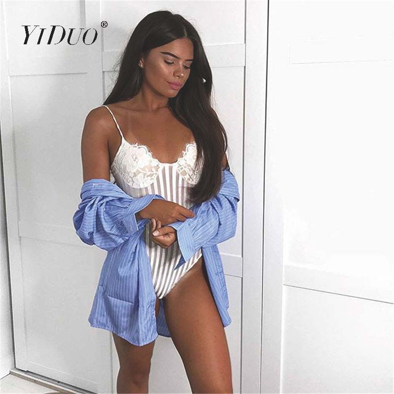 YiDuo Body sexy din dantelă din plasă croșetată cu curele spaghete pentru femei, body cu dungi transparente 2020, nou catsuit feminino