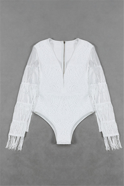 Bikini albi pentru femei, cu decolteu în V, cu mâneci lungi, cu ciucuri, cu bandaj bodycon