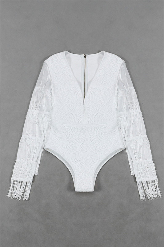 Bikini albi pentru femei, cu decolteu în V, cu mâneci lungi, cu ciucuri, cu bandaj bodycon