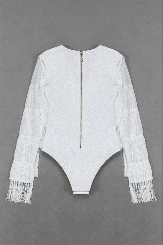 Bikini albi pentru femei, cu decolteu în V, cu mâneci lungi, cu ciucuri, cu bandaj bodycon