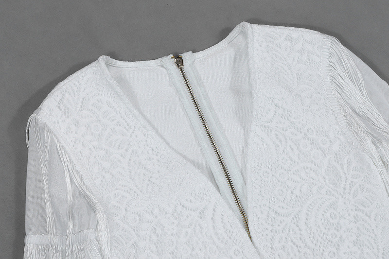 Bikini albi pentru femei, cu decolteu în V, cu mâneci lungi, cu ciucuri, cu bandaj bodycon