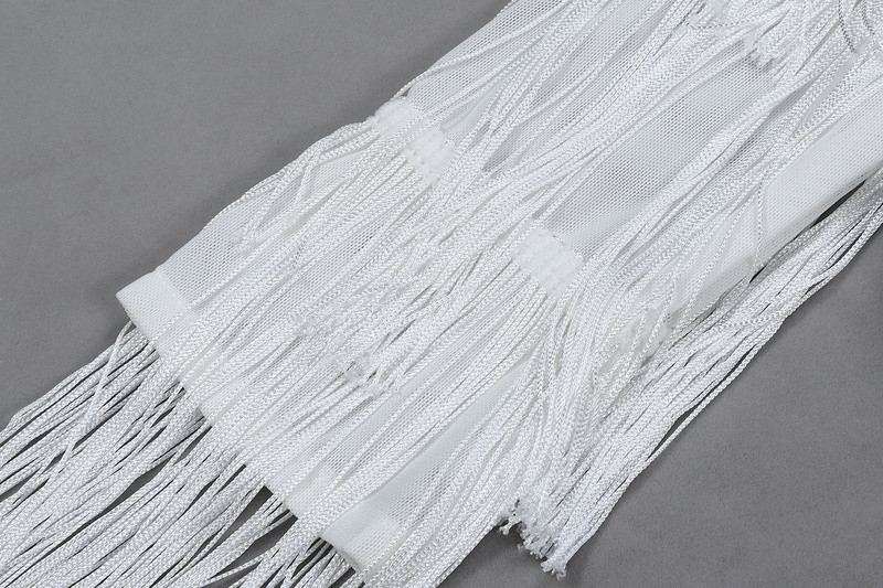 Bikini albi pentru femei, cu decolteu în V, cu mâneci lungi, cu ciucuri, cu bandaj bodycon