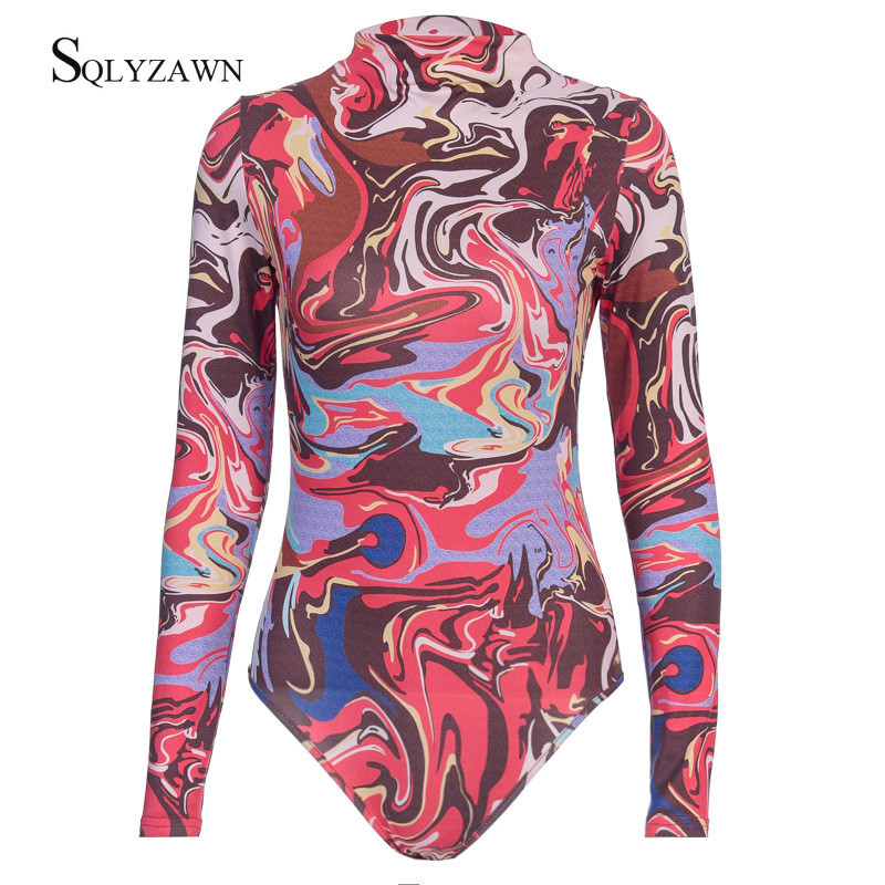 Σέξι πολύχρωμα φορμάκια μόδας Γυναικεία 2020 Άνοιξη Φθινόπωρο με ζεστή στάση Μπλούζες με γιακά μακρυμάνικο κορμάκι για πάρτι