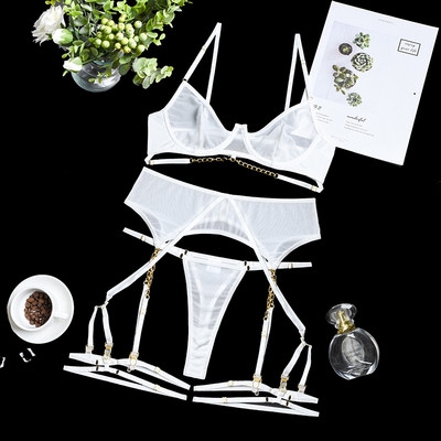 Yimunancy 3-dijelni mrežasti egzotični kompleti 4 boje Ženski osnovni metalni lanac Proziran set seksi donjeg rublja Komplet gaćica