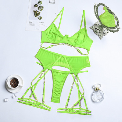 Yimunancy 3-dijelni mrežasti egzotični kompleti 4 boje Ženski osnovni metalni lanac Proziran set seksi donjeg rublja Komplet gaćica