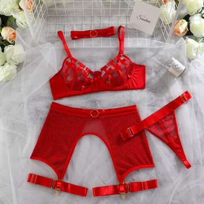 Set de lenjerie bandaj Yimunancy 4 piese 3 culori Jartieră Hallow Out Tanga Choker plasă Set exotic sexy Kit de lux