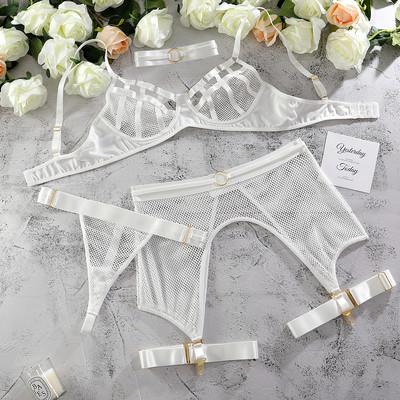 Set de lenjerie bandaj Yimunancy 4 piese 3 culori Jartieră Hallow Out Tanga Choker plasă Set exotic sexy Kit de lux