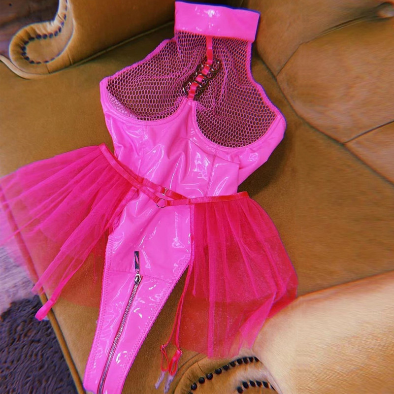 Yimunancy One Piece PU Δερμάτινο γυναικείο κορμάκι Διχτυωτό συνονθύλευμα μαύρο κορμάκι Σέξι ερωτικό σώμα Femme Clubwear φόρμες