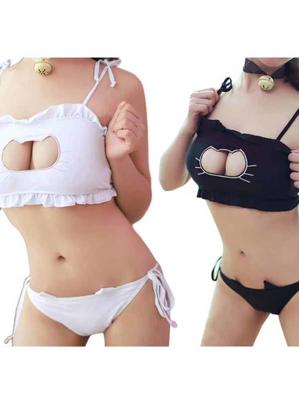 Cosplay Cat Hollow Keyhole Sutien Cu Slip Lenjerie Intima Set Cu Colier