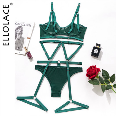 Ellolace läbipaistev pitspesu side, läbipaistev erootiline aluspesu 3-osaline Bilizna komplekt Underwire rinnahoidja sukapaelad püksid Seksikad intiimsed