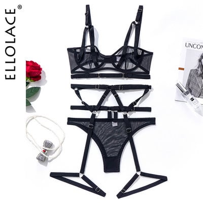 Ellolace läbipaistev pitspesu side, läbipaistev erootiline aluspesu 3-osaline Bilizna komplekt Underwire rinnahoidja sukapaelad püksid Seksikad intiimsed