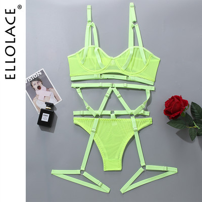 Ellolace läbipaistev pitspesu side, läbipaistev erootiline aluspesu 3-osaline Bilizna komplekt Underwire rinnahoidja sukapaelad püksid Seksikad intiimsed