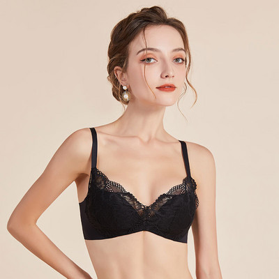 Sutiene din mătase fără sârmă pentru femei, dintr-o bucată, căptușeală din mătase naturală, 3/4 cupe, îmbrăcăminte de zi cu zi Sutien Push Up Lenjerie sexy din dantelă, neagră