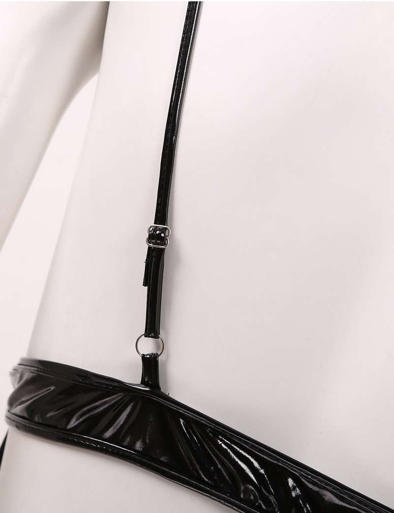 Body din piele PVC cu aspect umed pentru femei, cu bretele reglabile, în V adânc în față, fără spate, cu tăietură înaltă, tricou, body Costume pentru cluburi