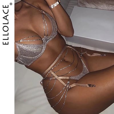 Ellolace Sparkle Chain Push Up Krūšturis un Biksīšu komplekts Sieviešu Rhinestone Intīmas Veļas Komplekts Apakšveļa Bralette Sexy Brief Set