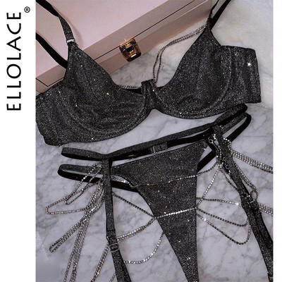 Ellolace Sparkle Chain Push Up Σετ σουτιέν και εσώρουχα Γυναικεία Rhinestone Intimates Σετ εσώρουχα Bralette Σέξι Σετ σλιπ