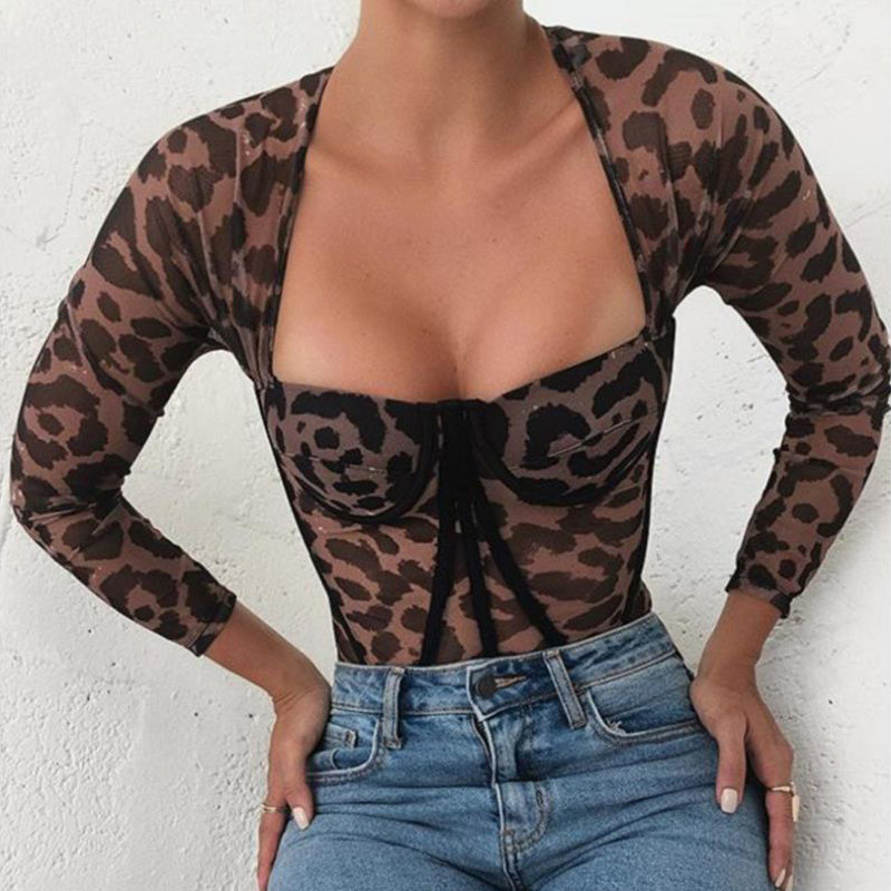 UNAIZA Ženski kombinezon Nova moda 2021. Ženska seksi uska majica s leopard printom dugih rukava i okruglog izreza Spojena djevojka