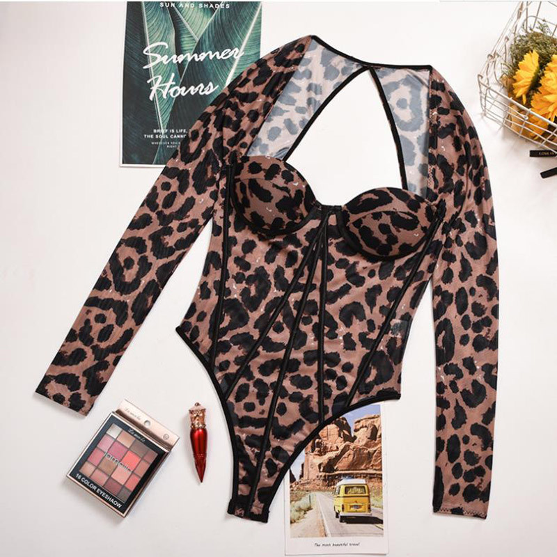 UNAIZA Ženski kombinezon Nova moda 2021. Ženska seksi uska majica s leopard printom dugih rukava i okruglog izreza Spojena djevojka