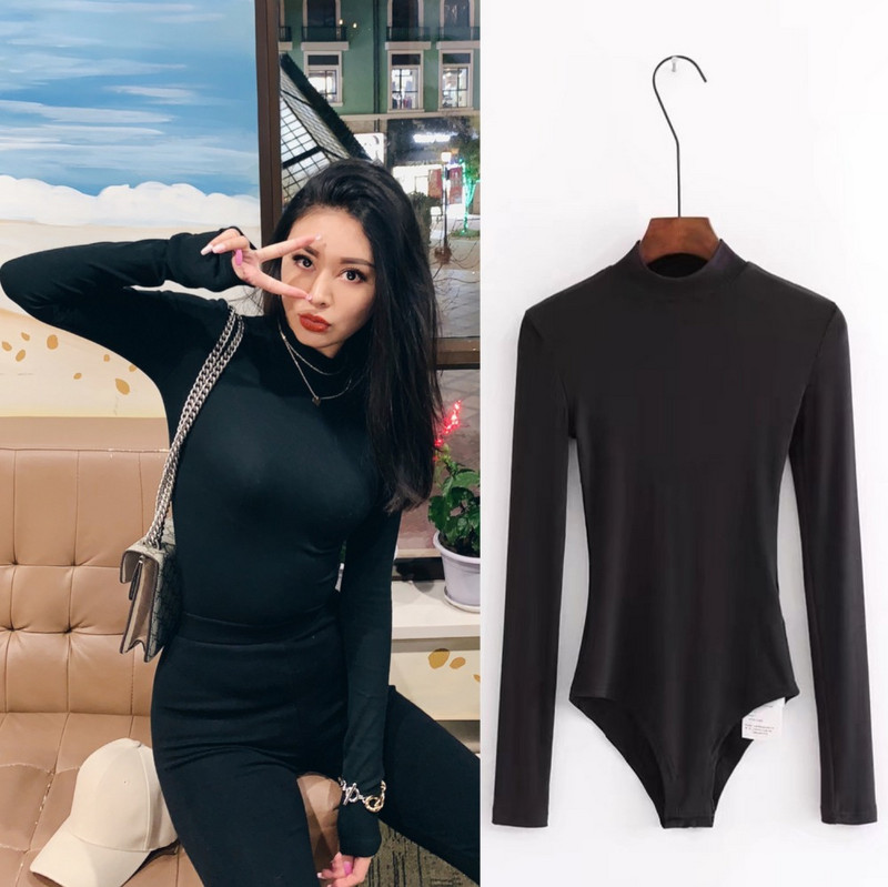 Bodycon Rompers Solid Basic πουκάμισο Γυναικείο Skinny Sexy Bodysuit Playsuit Ολόσωμες φόρμες Mock λαιμόκοψη μακρυμάνικη φόρμα γυναικεία φόρμα