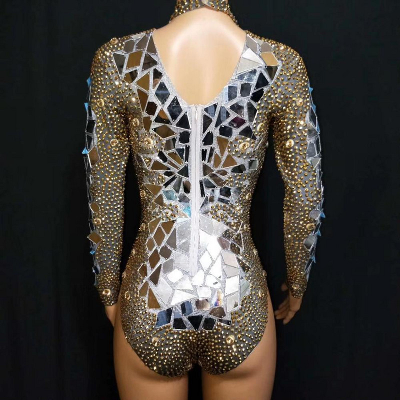 Gold Mirror Sequins Performance Bodysuits Sexy Club Pole Dance Jumpsuit Naiste elastne Rhinestone Bodysuits DJ Singer Stage Wear