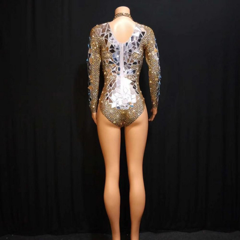 Gold Mirror Sequins Performance Bodysuits Sexy Club Pole Dance Jumpsuit Naiste elastne Rhinestone Bodysuits DJ Singer Stage Wear