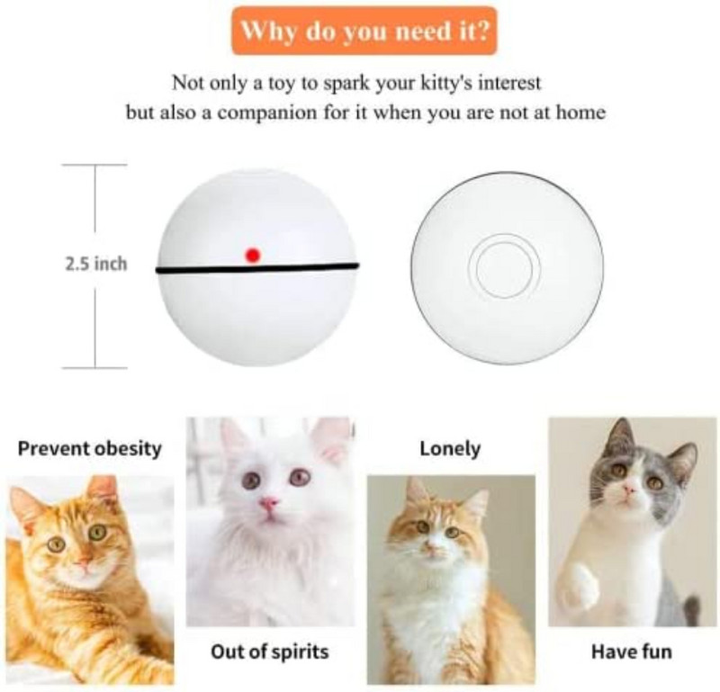 ATUBAN Interactive Cat Toys Ball Smart Automatic Rolling Kitten Toys USB Επαναφορτιζόμενη μπάλα κίνησης, με χρονοδιακόπτη Led Light Spinning