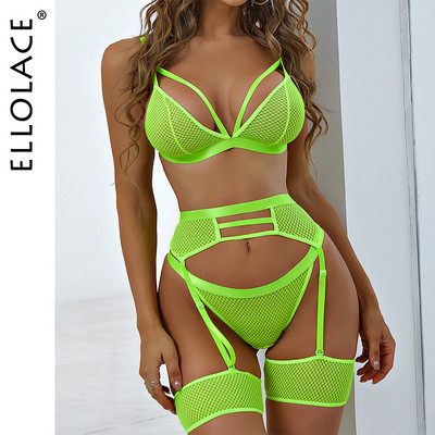 Ellolace Komplet donjeg rublja Žensko donje rublje Mrežasti čipkasti prozirni grudnjak Seksi komplet donjeg rublja Komplet od 3 dijela Seksi erotski komplet donjeg rublja